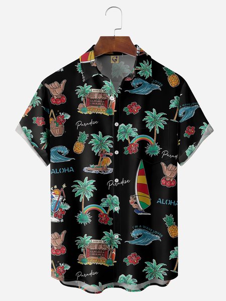 

Coconut Tree Chest Pocket Short Sleeve Hawaiian Shirt, Black, Men Shirts