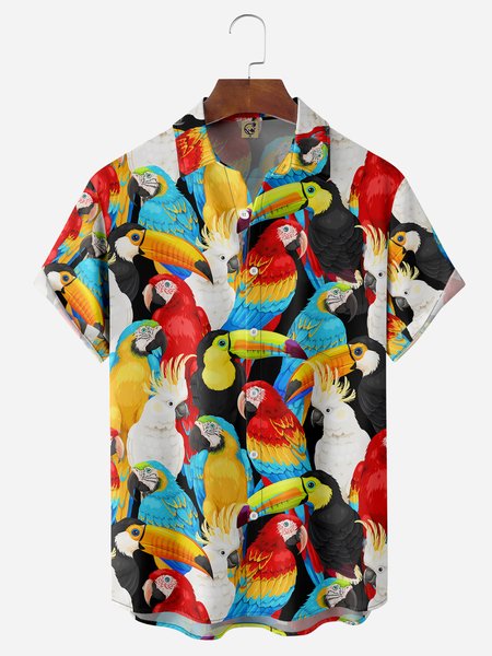 

Parrots Chest Pocket Short Sleeve Hawaiian Shirt, Red, Men Shirts