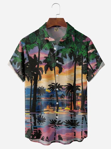 

Coconut Tree Chest Pocket Short Sleeve Hawaiian Shirt, Blue, Men Shirts