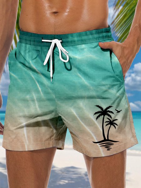 

Coconut Tree Drawstring Beach Shorts, Blue, Men's shorts