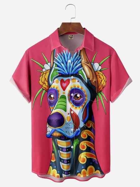 

Art Doberman Dog Chest Pocket Short Sleeve Casual Shirt, Pink, Men Shirts