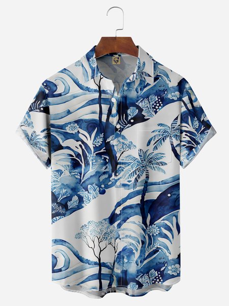 

Coconut Tree Chest Pocket Short Sleeve Hawaiian Shirt, Blue, Men Shirts