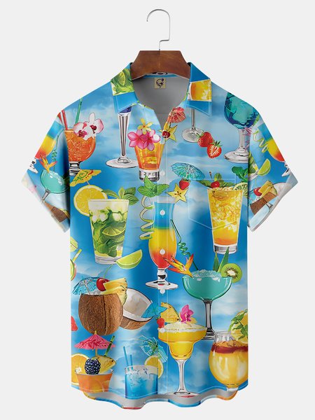 

Cocktails Chest Pockets Short Sleeves Casual Shirts, Blue, Men Shirts