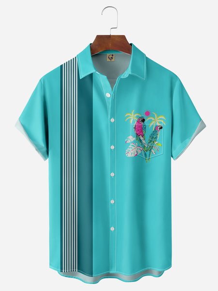 

Parrot Chest Pocket Short Sleeve Bowling Shirt, Green, Men Shirts