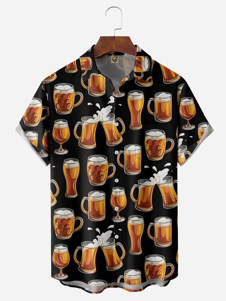 

Beer Chest Pocket Short Sleeve Casual Shirt, Black, Men Shirts