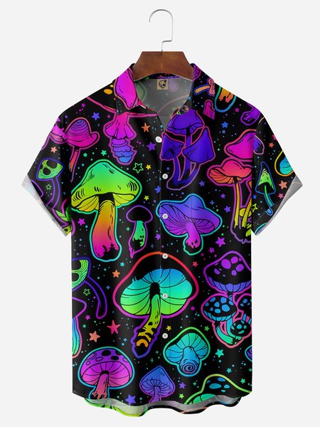 

Hippie Mushroom Chest Pocket Short Sleeve Casual Shirt, Black, Men Shirts