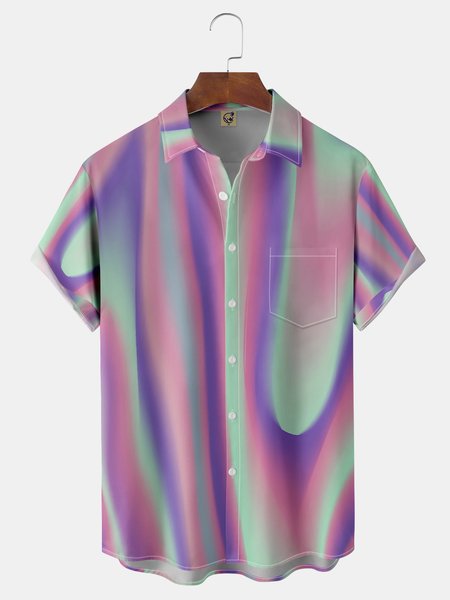 

Geometric Chest Pocket Short Sleeve Casual Shirts, Pink, Men Shirts