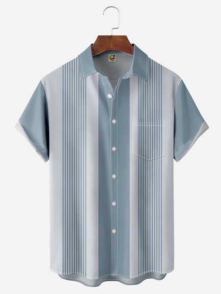 

Striped Chest Pocket Short Sleeve Bowling Shirt, Blue, Men Shirts