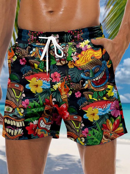 

Tiki Drawstring Beach Shorts, Black, Men's shorts