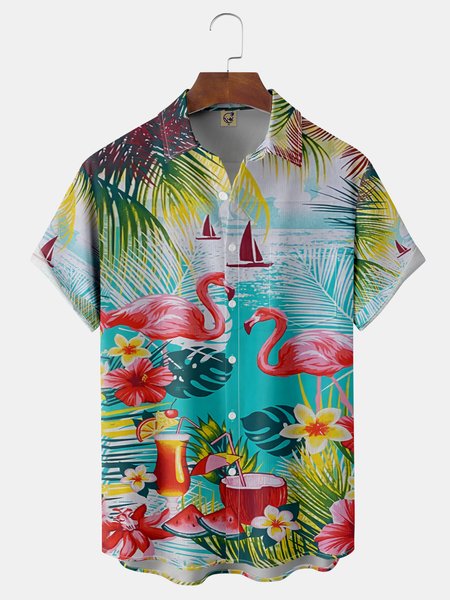 

Flamingo Chest Pocket Short Sleeve Hawaiian Shirt, Blue, Men Shirts