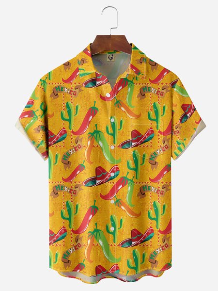 

Cinco de Mayo Chili Chest Pocket Short Sleeve Casual Shirt, Yellow, Men Shirts