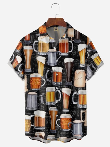 Beer Chest Pockets Short Sleeve Casual Shirts, Black, Men Shirts