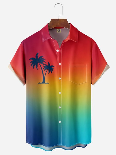 Coconut Tree Chest Pocket Short Sleeve Hawaiian Shirt, Red, Men Shirts
