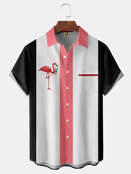 

Flamingo Chest Pocket Short Sleeve Bowling Shirt, Pink, Men Shirts