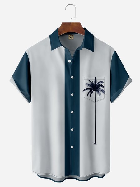 

Coconut Tree Chest Pocket Short Sleeve Bowling Shirt, Royal blue, Men Shirts
