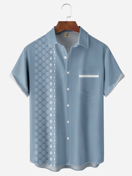 

Diamond Striped Chest Pocket Short Sleeve Casual Shirt, Blue, Men Shirts