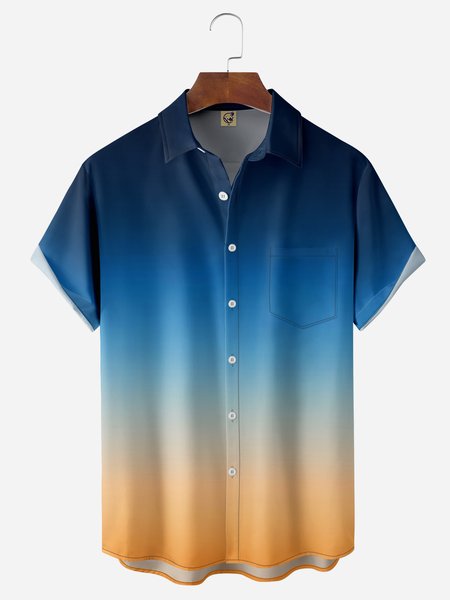 

Gradient Color Chest Pocket Short Sleeve Casual Shirt, Blue, Men Shirts