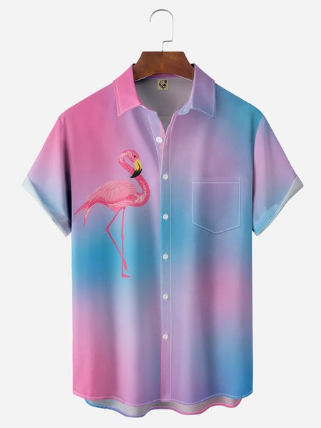 

Flamingo Gradient Color Chest Pocket Short Sleeve Hawaiian Shirt, Pink, Men Shirts