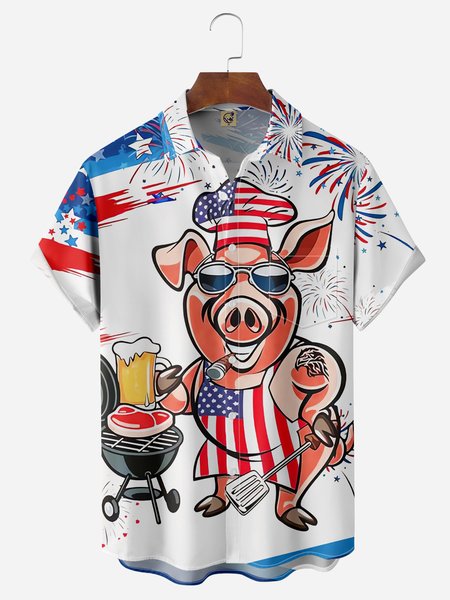 

American Flag Mr Pig Cooker Chest Pocket Short Sleeve Casual Shirt, White, Men Shirts