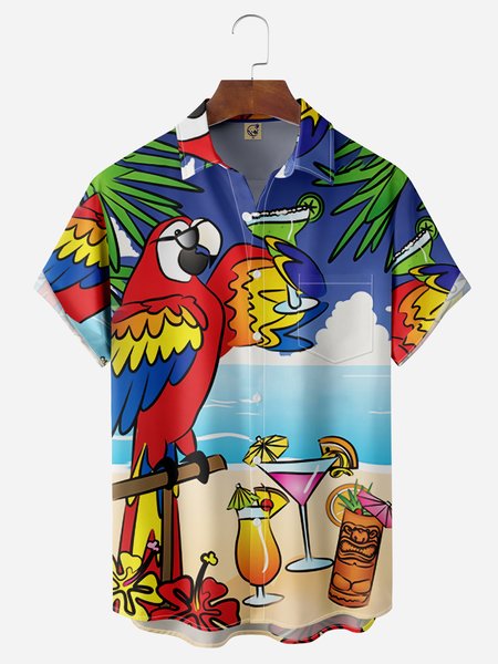 

Parrot Chest Pocket Short Sleeve Hawaiian Shirt, Blue, Men Shirts