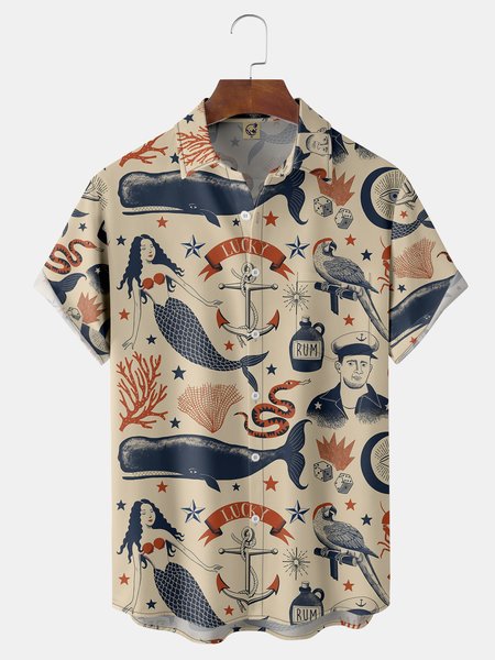 

Mermaid Chest Pocket Short Sleeve Hawaiian Shirt, Apricot, Men Shirts