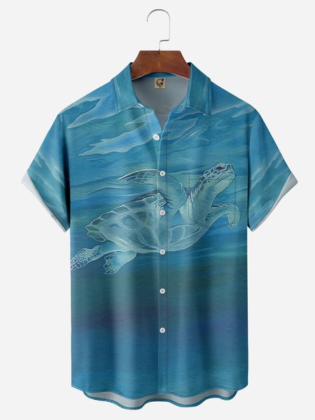 

Sea Turtle Chest Pocket Short Sleeve Hawaiian Shirt, Blue, Men Shirts