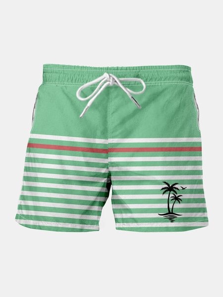 

Striped Coconut Tree Drawstring Beach Shorts, Green, Men's shorts