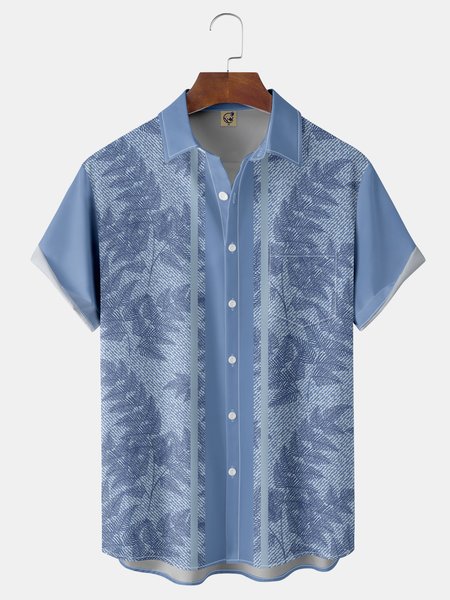 

Leaves Chest Pocket Short Sleeve Bowling Shirt, Blue, Men Shirts