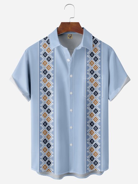 

Ethnic Chest Pocket Short Sleeve Bowling Shirt, Blue, Men Shirts