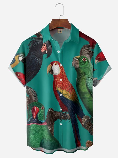 

Parrots Chest Pocket Short Sleeve Hawaiian Shirt, Green, Men Shirts