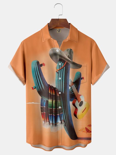 

Cinco de Mayo Cactus Chest Pocket Short Sleeve Casual Shirt, Orange, Men Shirts