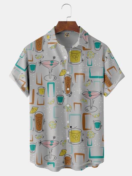 

Geometric Pattern Chest Pocket Short Sleeve Casual Shirt, Light gray, Men Shirts