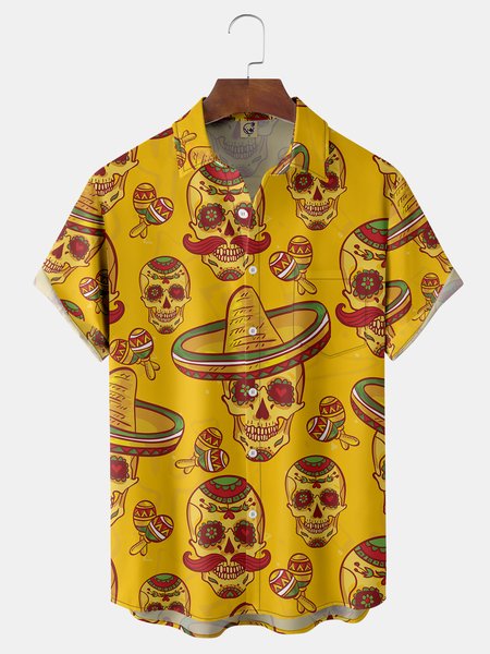 

Cinco de Mayo Skull Chest Pocket Short Sleeve Casual Shirt, Yellow, Men Shirts