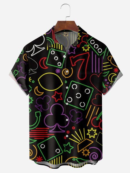 

Geometric Playing Cards Chest Pocket Short Sleeve Casual Shirt, Black, Men Shirts