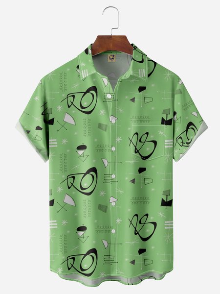 

Geometric Chest Pocket Short Sleeve Casual Shirt, Green, Men Shirts