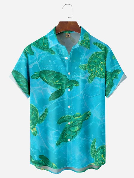 

Sea Turtle Chest Pocket Short Sleeve Casual Shirt, Blue, Men Shirts