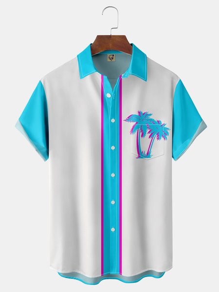 

Coconut Tree Chest Pocket Short Sleeve Hawaiian Shirt, Blue, Men Shirts