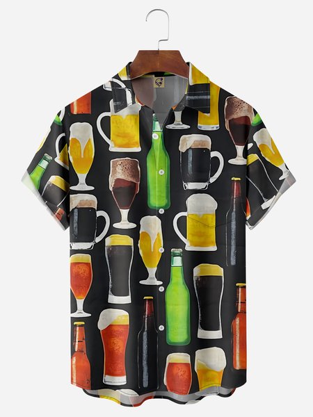 

Beer Chest Pockets Short Sleeve Hawaiian Shirts, Black, Men Shirts