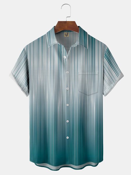 

Geometric Stripe Chest Pocket Short Sleeve Casual Shirt, Green, Men Shirts