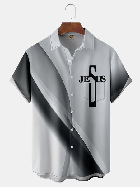 

Jesus Cross Chest Pocket Short Sleeve Casual Shirt, Gray, Men Shirts