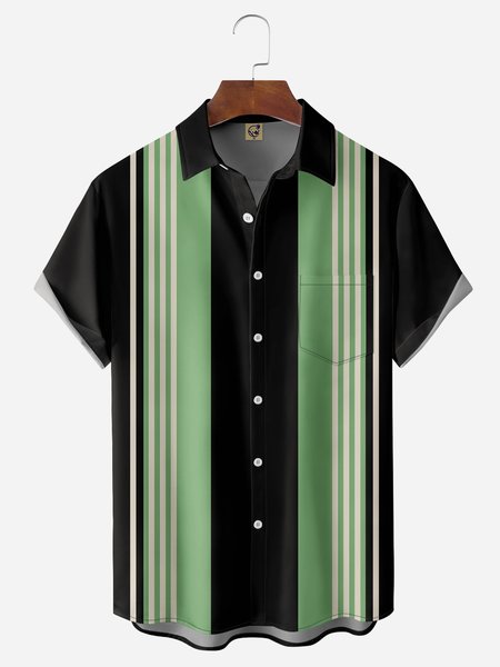 

Striped Chest Pocket Short Sleeve Bowling Shirt, Black, Men Shirts