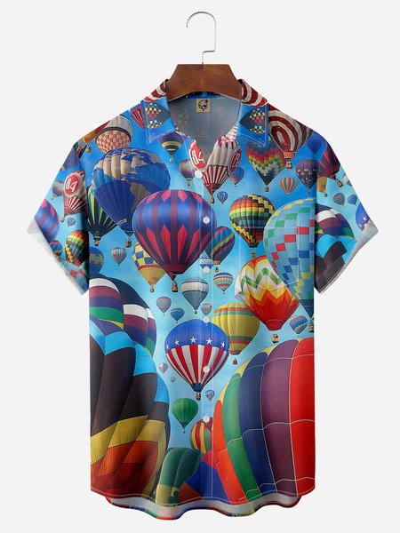 

Air Balloon Chest Pocket Short Sleeve Hawaiian Shirt, Blue, Men Shirts