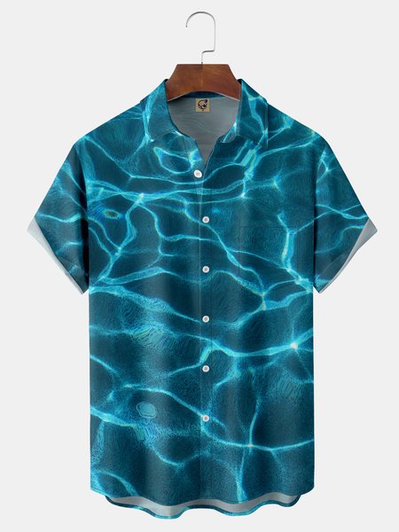 

Geometric Seawater Chest Pocket Short Sleeve Hawaiian Shirt, Blue, Men Shirts
