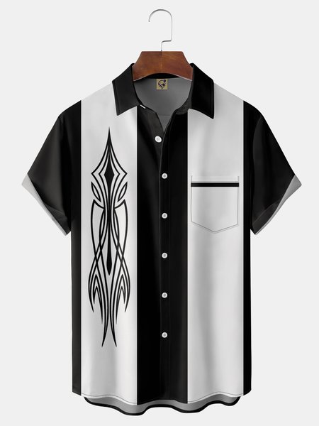 

Octopus Chest Pocket Short Sleeve Bowling Shirts, Black, Men Shirts