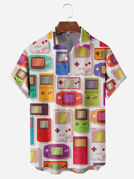 

Gamepad Chest Pocket Short Sleeve Casual Shirt, Pink, Men Shirts