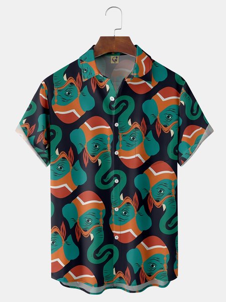 

Elephant Chest Pocket Short Sleeve Resort Shirt, Black, Men Shirts