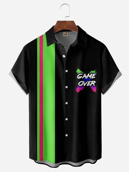 Gamepad Chest Pocket Short Sleeve Bowling Shirt, Black, Men Shirts