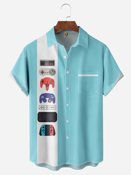 

Gamepad Chest Pocket Short Sleeve Bowling Shirt, Blue, Men Shirts