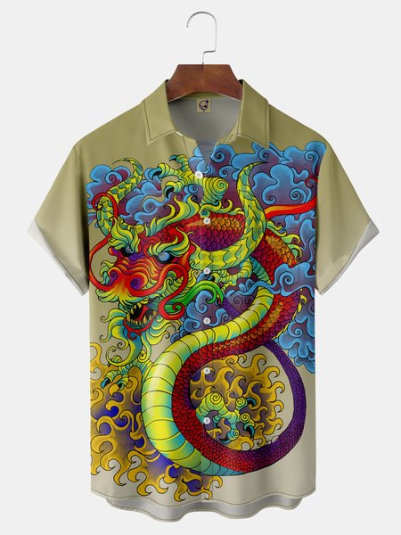 

Japanese Ukiyo-e Dragon Chest Pocket Short Sleeve Hawaiian Shirt, Green, Men Shirts