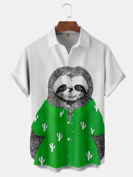 

Sloth Chest Pocket Short Sleeve Hawaiian Shirt, White, Men Shirts